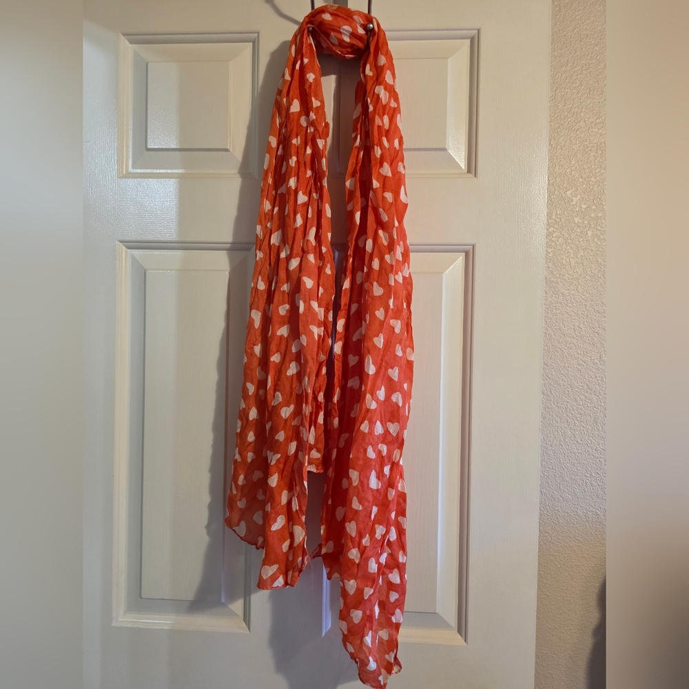 Coral Scarf with White Heart Pattern